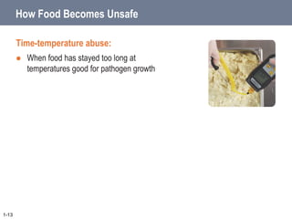 How Food Becomes Unsafe
Time-temperature abuse:
 When food has stayed too long at
temperatures good for pathogen growth
1-13
 