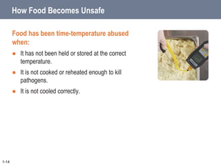 How Food Becomes Unsafe
Food has been time-temperature abused
when:
 It has not been held or stored at the correct
temperature.
 It is not cooked or reheated enough to kill
pathogens.
 It is not cooled correctly.
1-14
 