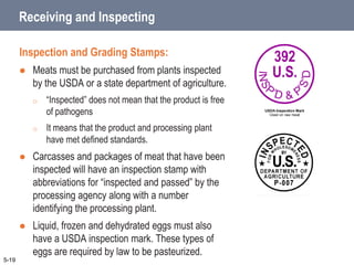 Receiving and Inspecting
Inspection and Grading Stamps:
 Meats must be purchased from plants inspected
by the USDA or a state department of agriculture.
o “Inspected” does not mean that the product is free
of pathogens
o It means that the product and processing plant
have met defined standards.
 Carcasses and packages of meat that have been
inspected will have an inspection stamp with
abbreviations for “inspected and passed” by the
processing agency along with a number
identifying the processing plant.
 Liquid, frozen and dehydrated eggs must also
have a USDA inspection mark. These types of
eggs are required by law to be pasteurized.
5-19
 
