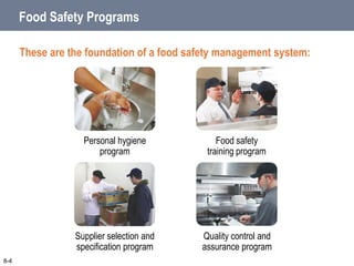 Food Safety Programs
These are the foundation of a food safety management system:
Food safety
training program
Personal hygiene
program
Quality control and
assurance program
Supplier selection and
specification program
8-4
 