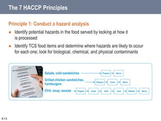 Principle 1: Conduct a hazard analysis
 Identify potential hazards in the food served by looking at how it
is processed
 Identify TCS food items and determine where hazards are likely to occur
for each one; look for biological, chemical, and physical contaminants
8-13
The 7 HACCP Principles
 