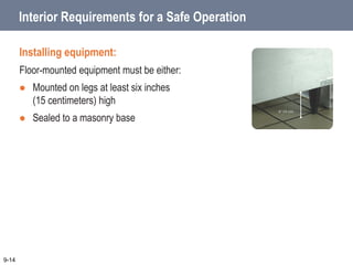 9-14
Interior Requirements for a Safe Operation
Installing equipment:
Floor-mounted equipment must be either:
 Mounted on legs at least six inches
(15 centimeters) high
 Sealed to a masonry base
 