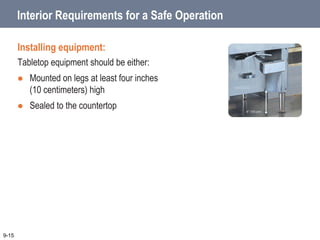 9-15
Interior Requirements for a Safe Operation
Installing equipment:
Tabletop equipment should be either:
 Mounted on legs at least four inches
(10 centimeters) high
 Sealed to the countertop
 