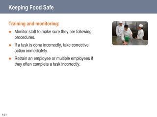 Keeping Food Safe
Training and monitoring:
 Monitor staff to make sure they are following
procedures.
 If a task is done incorrectly, take corrective
action immediately.
 Retrain an employee or multiple employees if
they often complete a task incorrectly.
1-31
 