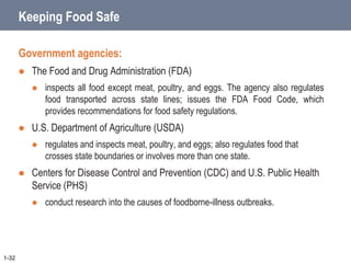 Keeping Food Safe
Government agencies:
 The Food and Drug Administration (FDA)
 inspects all food except meat, poultry, and eggs. The agency also regulates
food transported across state lines; issues the FDA Food Code, which
provides recommendations for food safety regulations.
 U.S. Department of Agriculture (USDA)
 regulates and inspects meat, poultry, and eggs; also regulates food that
crosses state boundaries or involves more than one state.
 Centers for Disease Control and Prevention (CDC) and U.S. Public Health
Service (PHS)
 conduct research into the causes of foodborne-illness outbreaks.
1-32
 