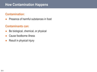 How Contamination Happens
Contamination:
 Presence of harmful substances in food
Contaminants can:
 Be biological, chemical, or physical
 Cause foodborne illness
 Result in physical injury
2-3
 