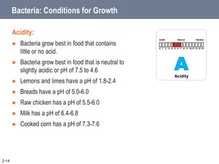 Bacteria: Conditions for Growth
Acidity:
 Bacteria grow best in food that contains
little or no acid.
 Bacteria grow best in food that is neutral to
slightly acidic or pH of 7.5 to 4.6
 Lemons and limes have a pH of 1.8-2.4
 Breads have a pH of 5.0-6.0
 Raw chicken has a pH of 5.5-6.0
 Milk has a pH of 6.4-6.8
 Cooked corn has a pH of 7.3-7.6
2-14
A
Acidity
 