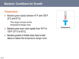 Bacteria: Conditions for Growth
Temperature:
 Bacteria grow rapidly between 41˚F and 135˚F
(5˚C and 57˚C).
o This range is known as the
temperature danger zone.
 Bacteria grow even more rapidly from 70˚F to
125˚F (21˚C to 52˚C).
 Bacteria growth is limited when food is held
above or below the temperature danger zone.
2-15
T
Temperature
 