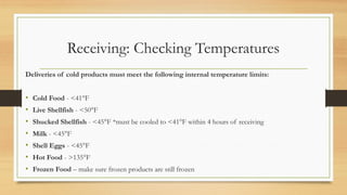 Receiving: Checking Temperatures
Deliveries of cold products must meet the following internal temperature limits:
? Cold Food - <41F
? Live Shellfish - <50F
? Shucked Shellfish - <45F *must be cooled to <41F within 4 hours of receiving
? Milk - <45F
? Shell Eggs - <45F
? Hot Food - >135F
? Frozen Food C make sure frozen products are still frozen
 
