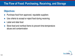 Objectives:
 Purchase food from approved, reputable suppliers
 Use criteria to accept or reject food during receiving
 Label and date food
 Store food and nonfood items to prevent time-temperature
abuse and contamination
5-2
The Flow of Food: Purchasing, Receiving, and Storage
 