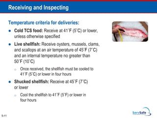 Temperature criteria for deliveries:
 Cold TCS food: Receive at 41˚F (5˚C) or lower,
unless otherwise specified
 Live shellfish: Receive oysters, mussels, clams,
and scallops at an air temperature of 45˚F (7˚C)
and an internal temperature no greater than
50˚F (10˚C)
o Once received, the shellfish must be cooled to
41˚F (5˚C) or lower in four hours
 Shucked shellfish: Receive at 45˚F (7˚C)
or lower
o Cool the shellfish to 41˚F (5˚F) or lower in
four hours
5-11
Receiving and Inspecting
 
