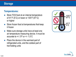 Temperatures:
 Store TCS food at an internal temperature
of 41˚F (5˚C) or lower or 135˚F (57˚C)
or higher
 Store frozen food at temperatures that keep
it frozen
 Make sure storage units have at least one
air temperature measuring device. It must be
accurate to +/- 3˚F or +/- 1.5˚C
 Place the device in the warmest part of
refrigerated units, and the coldest part of
hot-holding units
5-24
Storage
 