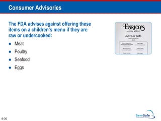The FDA advises against offering these
items on a children’s menu if they are
raw or undercooked:
 Meat
 Poultry
 Seafood
 Eggs
6-30
Consumer Advisories
 