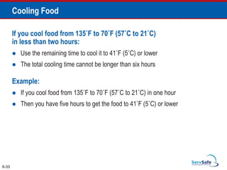 If you cool food from 135˚F to 70˚F (57˚C to 21˚C)
in less than two hours:
 Use the remaining time to cool it to 41˚F (5˚C) or lower
 The total cooling time cannot be longer than six hours
Example:
 If you cool food from 135˚F to 70˚F (57˚C to 21˚C) in one hour
 Then you have five hours to get the food to 41˚F (5˚C) or lower
6-33
Cooling Food
 