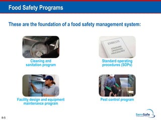 These are the foundation of a food safety management system:
8-5
Food Safety Programs
Standard operating
procedures (SOPs)
Pest control program
Facility design and equipment
maintenance program
Cleaning and
sanitation program
 