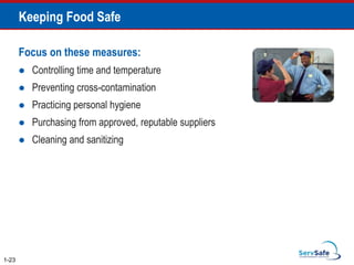 Keeping Food Safe
1-23
Focus on these measures:
 Controlling time and temperature
 Preventing cross-contamination
 Practicing personal hygiene
 Purchasing from approved, reputable suppliers
 Cleaning and sanitizing
 