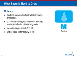 Moisture:
 Bacteria grow well in food with high levels
of moisture
 aw = water activity; the amount of moisture
available in food for bacterial growth
 aw scale ranges from 0.0 to 1.0
 Water has a water activity of 1.0
What Bacteria Need to Grow
2-16
M
Moisture
 