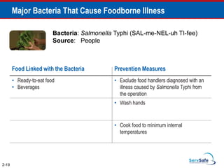 Food Linked with the Bacteria Prevention Measures
• Ready-to-eat food
• Beverages
• Exclude food handlers diagnosed with an
illness caused by Salmonella Typhi from
the operation
• Wash hands
• Cook food to minimum internal
temperatures
2-19
Major Bacteria That Cause Foodborne Illness
Bacteria: Salmonella Typhi (SAL-me-NEL-uh TI-fee)
Source: People
 