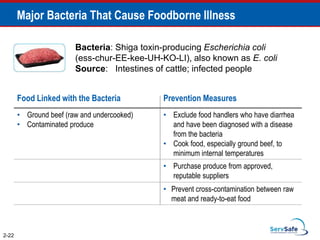 2-22
Major Bacteria That Cause Foodborne Illness
Bacteria: Shiga toxin-producing Escherichia coli
(ess-chur-EE-kee-UH-KO-LI), also known as E. coli
Source: Intestines of cattle; infected people
Food Linked with the Bacteria Prevention Measures
• Ground beef (raw and undercooked)
• Contaminated produce
• Exclude food handlers who have diarrhea
and have been diagnosed with a disease
from the bacteria
• Cook food, especially ground beef, to
minimum internal temperatures
• Purchase produce from approved,
reputable suppliers
• Prevent cross-contamination between raw
meat and ready-to-eat food
 