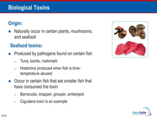 2-31
Biological Toxins
Origin:
 Naturally occur in certain plants, mushrooms,
and seafood
Seafood toxins:
 Produced by pathogens found on certain fish
o Tuna, bonito, mahimahi
o Histamine produced when fish is time-
temperature abused
 Occur in certain fish that eat smaller fish that
have consumed the toxin
o Barracuda, snapper, grouper, amberjack
o Ciguatera toxin is an example
 