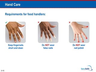 Hand Care
Requirements for food handlers:
Keep fingernails
short and clean
Do NOT wear
nail polish
Do NOT wear
false nails
3-10
 