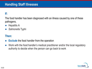 Handling Staff Illnesses
If:
The food handler has been diagnosed with an illness caused by one of these
pathogens.
● Hepatitis A
● Salmonella Typhi
Then:
 Exclude the food handler from the operation
 Work with the food handler’s medical practitioner and/or the local regulatory
authority to decide when the person can go back to work
3-22
 
