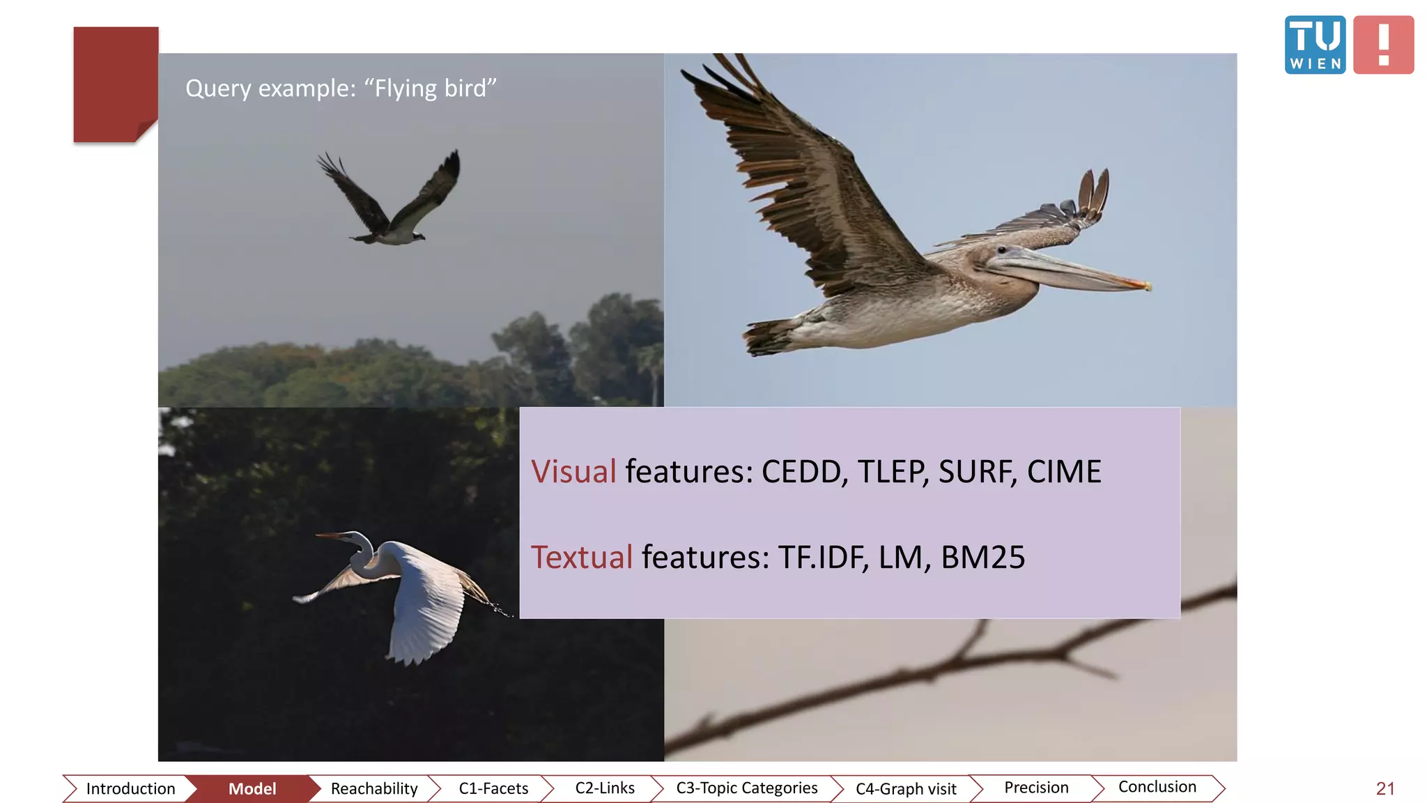 21
Query example: “Flying bird”
Visual features: CEDD, TLEP, SURF, CIME
Textual features: TF.IDF, LM, BM25
ConclusionIntroduction Model Reachability PrecisionC2-Links C3-Topic Categories C4-Graph visitC1-Facets
 