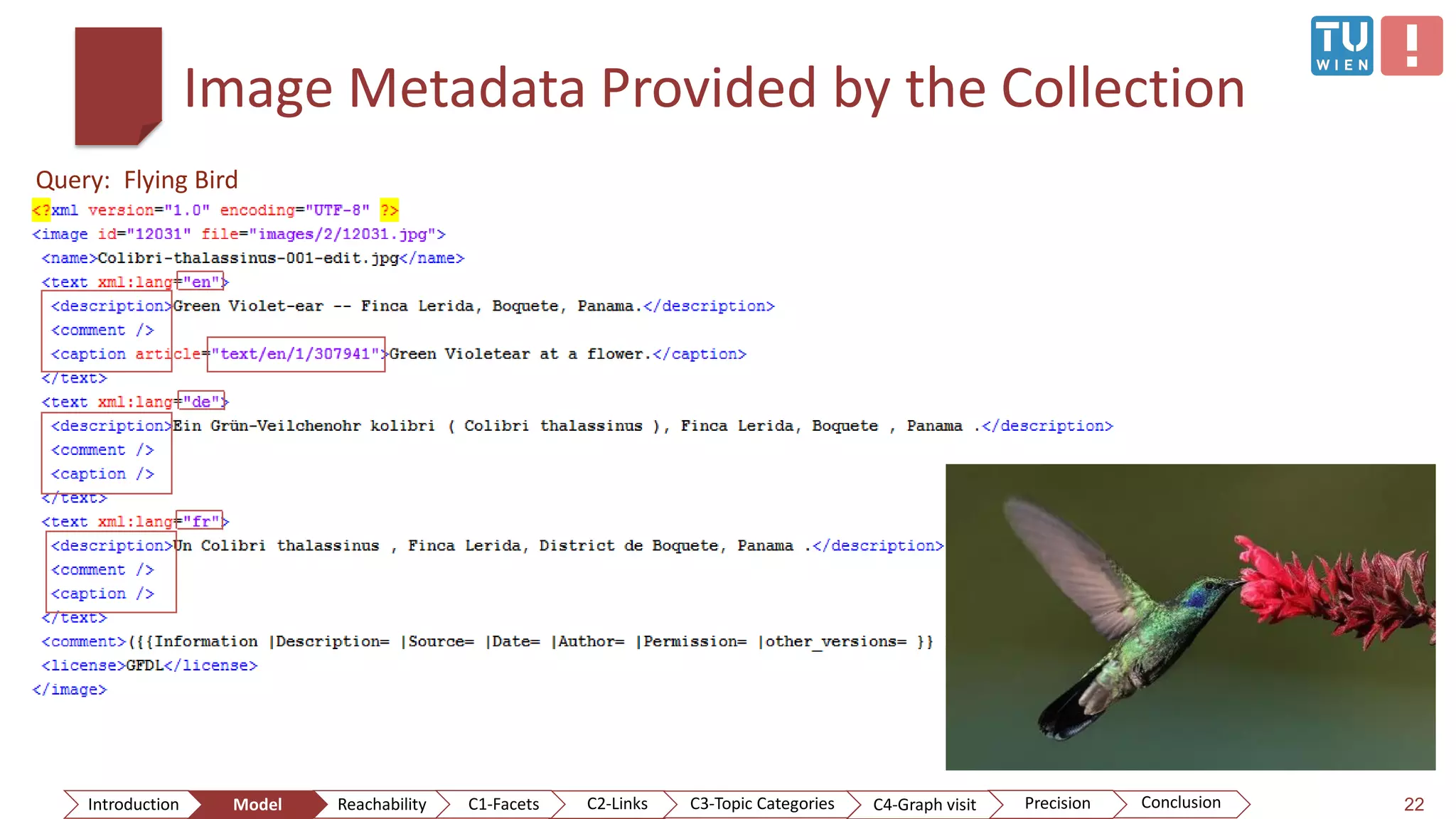 Image Metadata Provided by the Collection
22
Query: Flying Bird
ConclusionIntroduction Model Reachability PrecisionC2-Links C3-Topic Categories C4-Graph visitC1-Facets
 