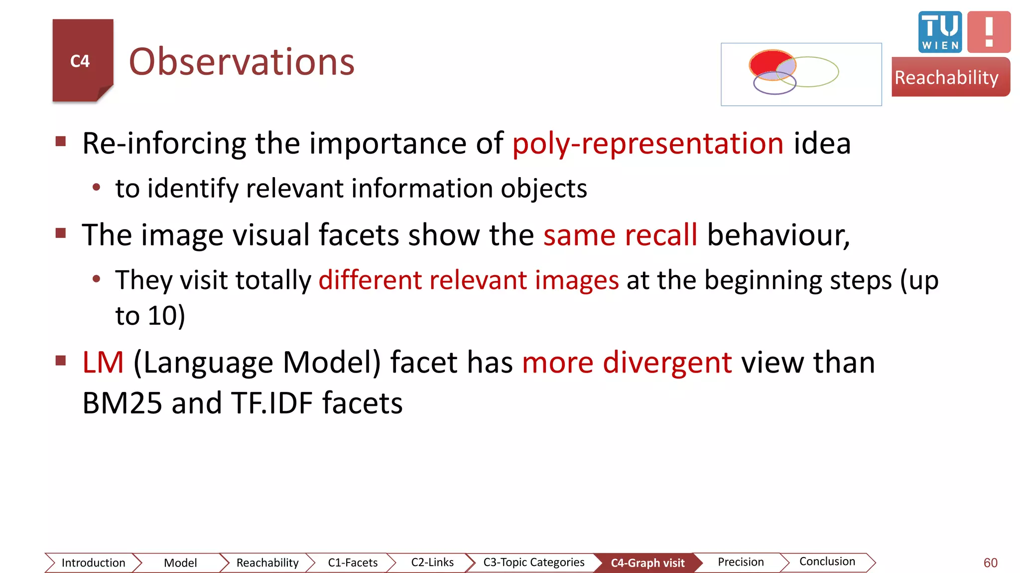 Observations
 Re-inforcing the importance of poly-representation idea
• to identify relevant information objects
 The image visual facets show the same recall behaviour,
• They visit totally different relevant images at the beginning steps (up
to 10)
 LM (Language Model) facet has more divergent view than
BM25 and TF.IDF facets
60
Reachability
C4
ConclusionIntroduction Model Reachability PrecisionC2-Links C3-Topic Categories C4-Graph visitC1-Facets
 