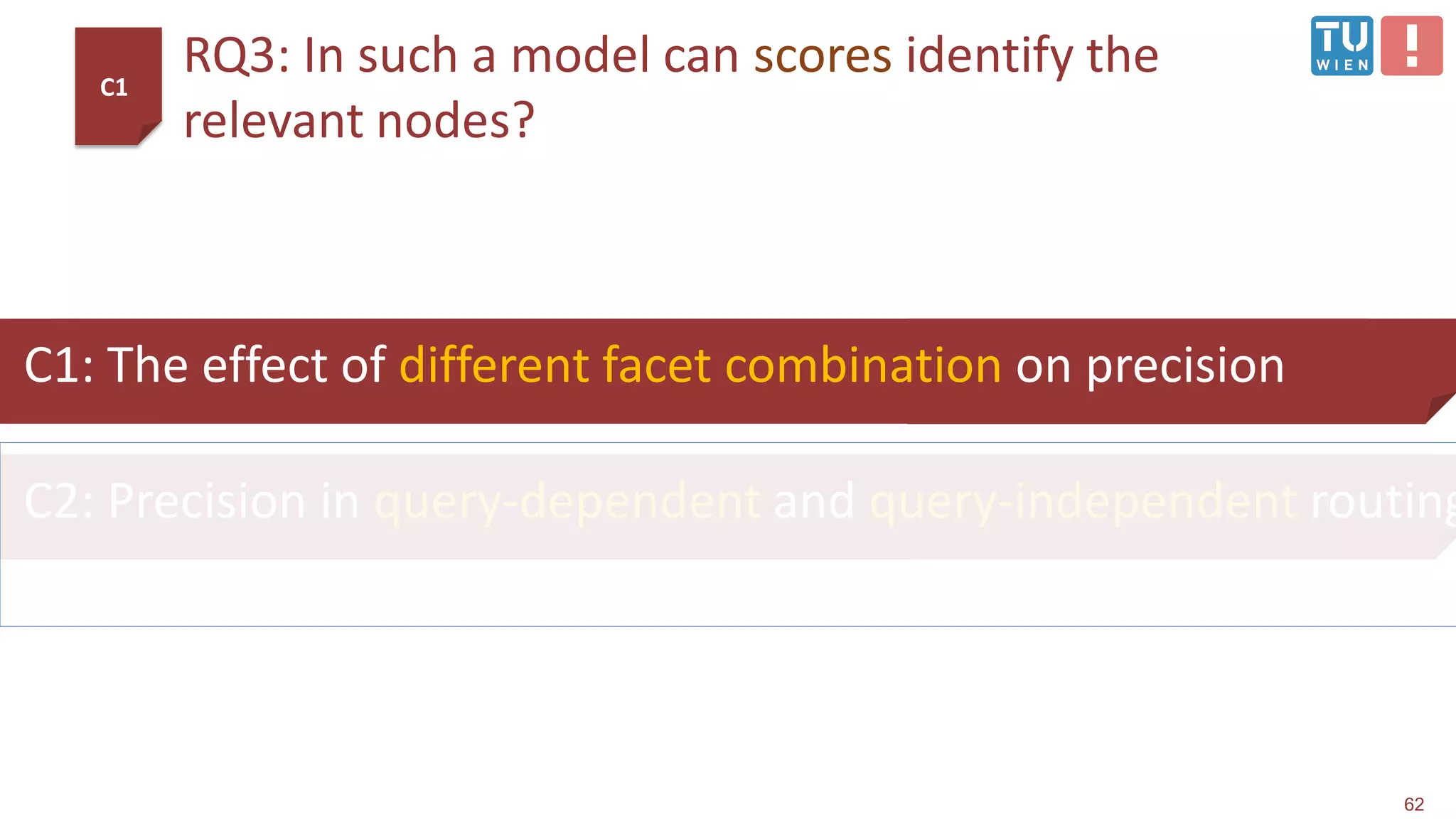 RQ3: In such a model can scores identify the
relevant nodes?
62
C2: Precision in query-dependent and query-independent routing
C1: The effect of different facet combination on precision
C1
 