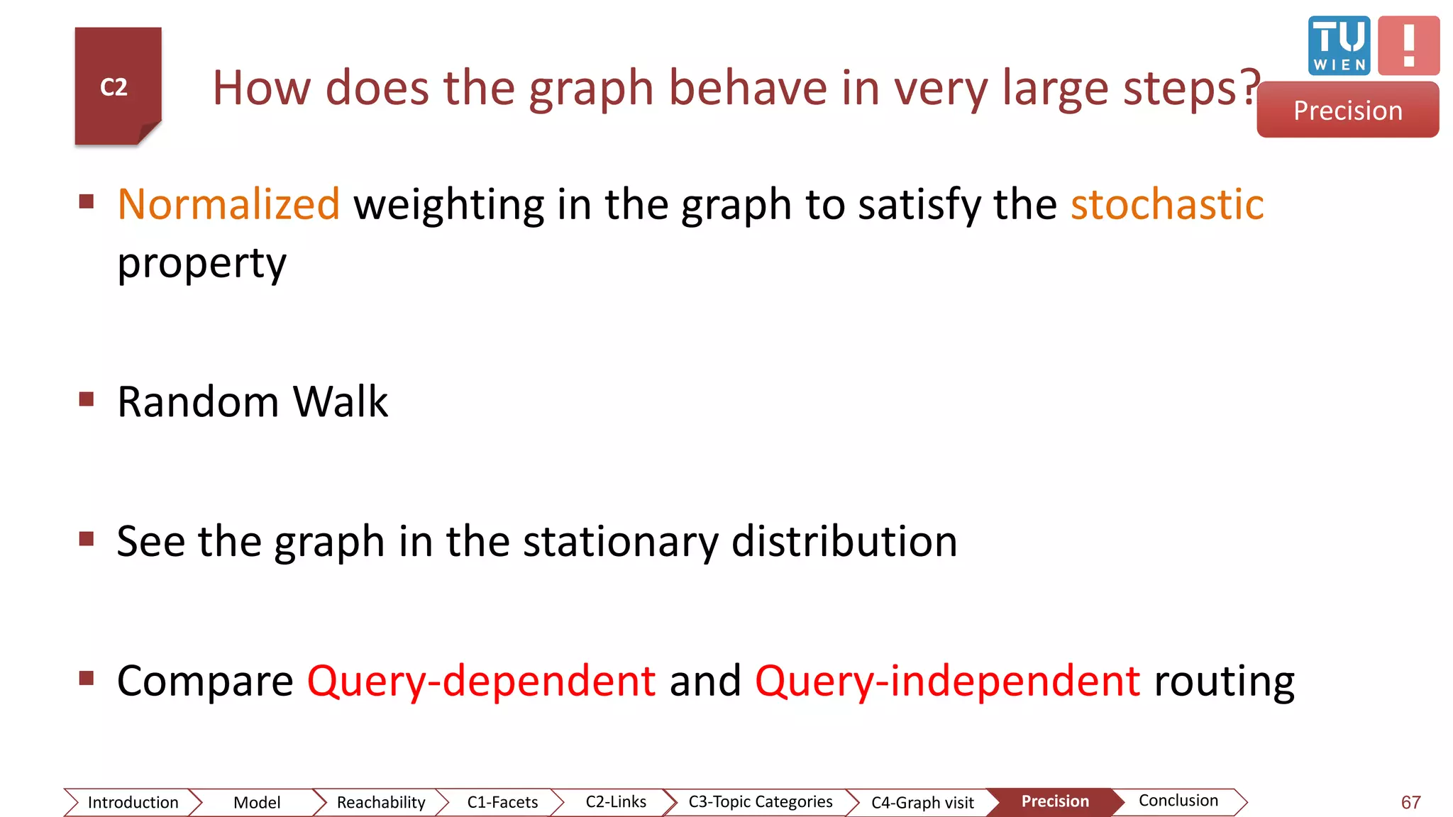 How does the graph behave in very large steps?
 Normalized weighting in the graph to satisfy the stochastic
property
 Random Walk
 See the graph in the stationary distribution
 Compare Query-dependent and Query-independent routing
67
Precision
C2
ConclusionIntroduction Model Reachability PrecisionC2-Links C3-Topic Categories C4-Graph visitC1-Facets
 