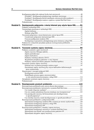 4                                                                                    Serwery internetowe Red Hat Linux


              Konfiguracja jednej lub większej liczby kart sieciowych.................................................48
                 Przykład 1: Konfiguracja pojedynczego interfejsu sieciowego..................................48
                 Przykład 2: Konfiguracja dwóch interfejsów sieciowych (dwie podsieci).................52
                 Przykład 3: Konfiguracja routera w oparciu o system Red Hat Linux .......................55
              Podsumowanie ..................................................................................................................59
Rozdział 3. Nawiązywanie połączenia z siecią Internet przy użyciu łącza DSL ....... 61
              Podstawy technologii DSL................................................................................................62
              Terminologia stosowana w technologii DSL ....................................................................66
                 Ogólne definicje..........................................................................................................66
                 Rodzaje usług DSL .....................................................................................................70
              Tworzenie połączenia z siecią Internet przy u yciu łącza DSL........................................71
                 Uzyskiwanie połączenia internetowego DSL .............................................................71
                 Fizyczne podłączanie modemu DSL ..........................................................................71
                 Konfiguracja wyposa enia udostępnianego przez dostawcę usługi DSL...................73
              Podstawowe wskazówki przydatne podczas rozwiązywania problemów.........................79
              Podsumowanie ..................................................................................................................83
Rozdział 4. Tworzenie systemu zapory sieciowej................................................. 85
              Podstawy systemów zapór sieciowych .............................................................................85
                 Zapory sieciowe filtrujące pakiety..............................................................................86
                 Zapory pośredniczące .................................................................................................87
                 Zapory hybrydowe ......................................................................................................88
                 Podstawy translacji adresów (NAT) ...........................................................................88
                 Wyjaśnienie przepływu pakietów w sieci Internet .....................................................89
                 Podstawy stanowych filtrów pakietów (Netfilter/iptables).........................................91
              Tworzenie systemu zapory sieciowej................................................................................97
                 Ochrona sieci za pomocą prostego zestawu reguł ......................................................97
                 Zacieśnianie zapory sieciowej przy u yciu łańcuchów definiowanych
                   przez u ytkownika..................................................................................................104
              Wpuszczanie z zewnątrz połączeń SSH..........................................................................109
                 Konfiguracja serwera SSH........................................................................................112
                 Modyfikacja serwera zapory sieciowej (atlas)
                   w celu umo liwienia korzystania z usługi SSH .....................................................114
              Zarządzanie systemem zapory sieciowej ........................................................................116
              Podsumowanie ................................................................................................................117
Rozdział 5. Rozwiązywanie prostych problemów ............................................... 119
              Rozwiązywanie problemów przy u yciu drzewa decyzyjnego.......................................120
              Rozwiązywanie problemów sieciowych w systemie Red Hat Linux .............................121
                 Czy zostało włączone zasilanie? ...............................................................................121
                 Czy nie została uszkodzona fizyczna instalacja sieci komputerowej? .....................122
                 Czy przełącznik sieciowy lub koncentrator jest skonfigurowany
                  w sposób poprawny? ..............................................................................................122
                 Czy interfejs sieciowy został skonfigurowany w sposób prawidłowy?....................122
              Rozwiązywanie problemów z połączeniem DSL............................................................129
                 Sprawdzanie konfiguracji modemu DSL (routera) po stronie u ytkownika ............130
                 Sprawdzanie konfiguracji dostawcy usługi DSL......................................................131
                 Sprawdzanie konfiguracji ISP...................................................................................132
              Rozwiązywanie problemów z bramką i zaporą sieciową................................................132
                 Sprawdzanie konfiguracji sieciowej w systemie Red Hat Linux..............................133
                 Sprawdzanie tras bramki oraz przekazywania pakietów IP......................................134
                 Sprawdzanie skryptów zapory sieciowej ..................................................................136
 