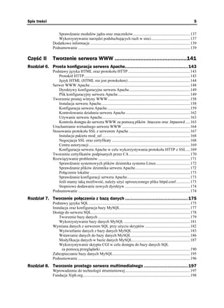 Spis treści                                                                                                                                5


                 Sprawdzanie modułów jądra oraz znaczników.........................................................137
                 Wykorzystywanie narzędzi podsłuchujących ruch w sieci.......................................137
              Dodatkowe informacje ....................................................................................................139
              Podsumowanie ................................................................................................................139

Część II      Tworzenie serwera WWW .............................................141
Rozdział 6. Prosta konfiguracja serwera Apache............................................... 143
              Podstawy języka HTML oraz protokołu HTTP ..............................................................143
                  Protokół HTTP..........................................................................................................143
                  Język HTML (HTML nie jest protokołem) ..............................................................144
              Serwer WWW Apache ....................................................................................................148
                  Dyrektywy konfiguracyjne serwera Apache.............................................................149
                  Plik konfiguracyjny serwera Apache ........................................................................149
              Tworzenie prostej witryny WWW ..................................................................................158
                  Instalacja serwera Apache.........................................................................................158
                  Konfiguracja serwera Apache...................................................................................159
                  Kontrolowanie działania serwera Apache ................................................................162
                  U ywanie serwera Apache........................................................................................163
                  Kontrola dostępu do serwera WWW za pomocą plików .htaccess oraz .htpasswd .....163
              Uruchamianie wirtualnego serwera WWW ....................................................................164
              Stosowanie protokołu SSL z serwerem Apache .............................................................167
                  Instalacja pakietu mod_ssl ........................................................................................168
                  Negocjacja SSL oraz certyfikaty ..............................................................................168
                  Centra autoryzacji .....................................................................................................169
                  Konfiguracja serwera Apache w celu wykorzystywania protokołu HTTP z SSL....169
              Tworzenie certyfikatów podpisanych przez CA .............................................................170
              Rozwiązywanie problemów ............................................................................................171
                  Sprawdzanie systemowych plików dziennika systemu Linux..................................172
                  Sprawdzanie plików dziennika serwera Apache.......................................................172
                  Połączenie lokalne ....................................................................................................173
                  Sprawdzanie konfiguracji serwera Apache...............................................................173
                  Jeśli mamy taką mo liwość, nale y u yć uproszczonego pliku httpd.conf..............173
                  Stopniowe dodawanie nowych dyrektyw .................................................................174
              Podsumowanie ................................................................................................................174
Rozdział 7. Tworzenie połączenia z bazą danych ............................................... 175
              Podstawy języka SQL .....................................................................................................175
              Instalacja oraz konfiguracja bazy MySQL......................................................................177
              Dostęp do serwera SQL...................................................................................................178
                  Tworzenie bazy danych ............................................................................................179
                  Wykorzystywanie bazy danych MySQL ..................................................................181
              Wymiana danych z serwerem SQL przy u yciu skryptów .............................................182
                  Wyświetlanie danych z bazy danych MySQL ..........................................................183
                  Wstawianie danych do bazy danych MySQL...........................................................186
                  Modyfikacja danych w bazie danych MySQL..........................................................187
                  Wykorzystywanie skryptu CGI w celu dostępu do bazy danych SQL
                    za pomocą przeglądarki..........................................................................................190
              Zabezpieczanie bazy danych MySQL.............................................................................195
              Podsumowanie ................................................................................................................196
Rozdział 8. Tworzenie prostego serwera multimedialnego ................................. 197
              Wprowadzenie do technologii strumieniowej.................................................................197
              Fundacja Xiph.org...........................................................................................................198
 
