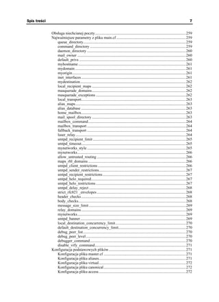 Spis treści                                                                                                                                  7


              Obsługa niechcianej poczty.............................................................................................259
              Najwa niejsze parametry z pliku main.cf .......................................................................259
                 queue_directory.........................................................................................................259
                 command_directory ..................................................................................................259
                 daemon_directory .....................................................................................................260
                 mail_owner ...............................................................................................................260
                 default_privs .............................................................................................................260
                 myhostname ..............................................................................................................261
                 mydomain .................................................................................................................261
                 myorigin....................................................................................................................261
                 inet_interfaces ...........................................................................................................261
                 mydestination............................................................................................................262
                 local_recipient_maps ................................................................................................262
                 masquerade_domains................................................................................................262
                 masquerade_exceptions ............................................................................................262
                 local_transport...........................................................................................................263
                 alias_maps.................................................................................................................263
                 alias_database ...........................................................................................................263
                 home_mailbox...........................................................................................................263
                 mail_spool_directory ................................................................................................263
                 mailbox_command....................................................................................................264
                 mailbox_transport .....................................................................................................264
                 fallback_transport .....................................................................................................264
                 luser_relay.................................................................................................................264
                 smtpd_recipient_limit ...............................................................................................265
                 smtpd_timeout...........................................................................................................265
                 mynetworks_style .....................................................................................................265
                 mynetworks...............................................................................................................266
                 allow_untrusted_routing ...........................................................................................266
                 maps_rbl_domains ....................................................................................................266
                 smtpd_client_restrictions ..........................................................................................266
                 smtpd_sender_restrictions.........................................................................................267
                 smtpd_recipient_restrictions .....................................................................................267
                 smtpd_helo_required.................................................................................................267
                 smtpd_helo_restrictions ............................................................................................267
                 smtpd_delay_reject ...................................................................................................268
                 strict_rfc821 _envelopes ...........................................................................................268
                 header_checks ...........................................................................................................268
                 body_checks..............................................................................................................268
                 message_size_limit ...................................................................................................269
                 relay_domains ...........................................................................................................269
                 mynetworks...............................................................................................................269
                 smtpd_banner............................................................................................................269
                 local_destination_concurrency_limit........................................................................270
                 default_destination_concurrency_limit.....................................................................270
                 debug_peer_list .........................................................................................................270
                 debug_peer_level ......................................................................................................270
                 debugger_command..................................................................................................270
                 disable_vrfy_command.............................................................................................271
              Konfiguracja podstawowych plików...............................................................................271
                 Konfiguracja pliku master.cf ....................................................................................271
                 Konfiguracja pliku aliases.........................................................................................271
                 Konfiguracja pliku virtual.........................................................................................272
                 Konfiguracja pliku canonical....................................................................................272
                 Konfiguracja pliku access .........................................................................................272
 