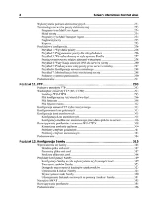 8                                                                                         Serwery internetowe Red Hat Linux


                 Wykorzystanie poleceń administracyjnych.....................................................................273
                 Terminologia serwerów poczty elektronicznej ...............................................................273
                    Programy typu Mail User Agent...............................................................................274
                    Skład poczty..............................................................................................................274
                    Programy typu Mail Transport Agent.......................................................................274
                    Nagłówki poczty .......................................................................................................275
                    Koperta......................................................................................................................275
                 Przykładowe konfiguracje...............................................................................................276
                    Przykład 1: Wysyłanie poczty ..................................................................................276
                    Przykład 2: Przyjmowanie poczty dla ró nych domen.............................................276
                    Przykład 3: Wirtualne domeny w stylu systemu Postfix ..........................................277
                    Przekazywanie poczty między adresami wirtualnymi..............................................278
                    Przykład 4: Weryfikacja ustawień DNS dla serwera poczty ....................................280
                    Przykład 5: Przekazywanie całej poczty przez serwer centralny..............................287
                    Przykład 6: Konfiguracja serwera centralnego .........................................................288
                    Przykład 7: Minimalizacja ilości niechcianej poczty................................................288
                    Podstawy systemu spamassassin...............................................................................290
                 Podsumowanie ................................................................................................................291
Rozdział 11. FTP ............................................................................................... 293
                 Podstawy protokołu FTP.................................................................................................293
                 Washington University FTP (WU-FTPD) ......................................................................294
                    Instalacja WU-FTPD ................................................................................................295
                    Plik konfiguracyjny /etc/xinetd.d/wu-ftpd ................................................................296
                    Plik ftpaccess ............................................................................................................298
                    Plik ftpconversions....................................................................................................302
                 Konfiguracja serwera FTP trybu rzeczywistego .............................................................303
                 Konfigurowanie kont gościnnych ...................................................................................303
                 Konfiguracja kont anonimowych ....................................................................................305
                    Konfiguracja kont anonimowych..............................................................................305
                    Konfiguracja mo liwości anonimowego przesyłania plików na serwer...................306
                 Rozwiązywanie problemów z serwerem WU-FTPD ......................................................308
                    Kontrola na poziomie ogólnym ................................................................................309
                    Problemy z trybem gościnnym .................................................................................311
                    Problemy z trybem anonimowym.............................................................................313
                 Podsumowanie ................................................................................................................314
Rozdział 12. Konfiguracja Samby ....................................................................... 315
                 Wprowadzenie do Samby................................................................................................315
                    Składnia pliku smb.conf............................................................................................317
                    Parametry pliku smb.conf .........................................................................................317
                    Struktura pliku smb.conf...........................................................................................318
                 Przykłady konfiguracji Samby ........................................................................................319
                    Konfiguracja Samby w celu wykorzystania szyfrowanych haseł.............................319
                    Tworzenie zasobów Samby ......................................................................................323
                    Dostęp do macierzystych katalogów u ytkowników................................................323
                    Uprawnienia Linuksa i Samby..................................................................................324
                    Wykorzystanie makr Samby .....................................................................................330
                    Udostępnianie drukarek sieciowych za pomocą Linuksa i Samby...........................331
                 Narzędzie SWAT ............................................................................................................335
                 Rozwiązywanie problemów ............................................................................................335
                 Podsumowanie ................................................................................................................336
 