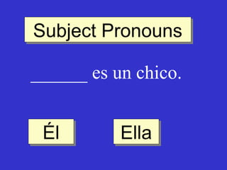 Subject Pronouns
Subject Pronouns
______ es un chico.
Él
Él

Ella
Ella

 