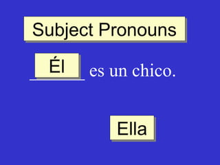 Subject Pronouns
Subject Pronouns
Él
Él
______ es un chico.
Ella
Ella

 