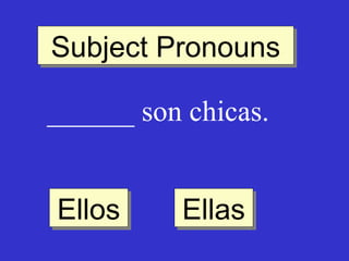 Subject Pronouns
Subject Pronouns
______ son chicas.
Ellos
Ellos

Ellas
Ellas

 