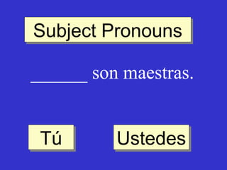 Subject Pronouns
Subject Pronouns
______ son maestras.
Tú
Tú

Ustedes
Ustedes

 