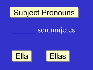 Subject Pronouns
Subject Pronouns
______ son mujeres.
Ella
Ella

Ellas
Ellas

 