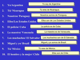Yo soy de Argentina
Yo soy de Argentina

1.

Yo/Argentina

2.

Tú/ Nicaragua

Tú eres de Nicaragua.
Tú eres de Nicaragua.

3.

Nosotros/ Paraguay

Nosotros somos de Paraguay.
Nosotros somos de Paraguay.

4.

Ellos/Los Estados Unidos

Ellos son de Los Estados Unidos.
Ellos son de Los Estados Unidos.

5.

El policía/ Cuba

La policía es de Cuba.
La policía es de Cuba.

6.

La maestra/ Venezuela

7.

Los muchachos/ El Salvador

8.

Miguel y yo/ Brazil

9.

Tú/ México

La maestra es de Venezuela.
La maestra es de Venezuela.
Los muchachos son de El Salvador.
Los muchachos son de El Salvador.
Miguel yyyo somos de Brazil.
Miguel yo somos de Brazil.
Tú eres de México.
Tú eres de México.

10. El hombre y la mujer/ Chile

Ellos son de Chile.
Ellos son de Chile.

 