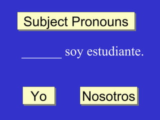 Subject Pronouns
Subject Pronouns
______ soy estudiante.
Yo
Yo

Nosotros
Nosotros

 