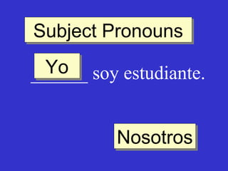 Subject Pronouns
Subject Pronouns
Yo soy estudiante.
Yo
______
Nosotros
Nosotros

 