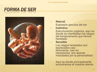FORMA DE SER
1. Natural
Expresión genuina del ser
1. Instintiva
Estructuración orgánica, aquí es
donde se manifiestan los rasgos
del temperamento que hemos
heredado
1. Sensible
Los rasgos heredados son
expresados casi
libremente, casi sin
represiones, son apenas
modulados por la personalidad
Aquí es donde principalmente
encontramos el miasma latente
22
Dr. Luis Germán González
 