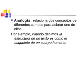  Analogía: relaciona dos conceptos de
diferentes campos para aclarar uno de
ellos.
Por ejemplo, cuando decimos la
estructura de un texto es como el
esqueleto de un cuerpo humano.
 