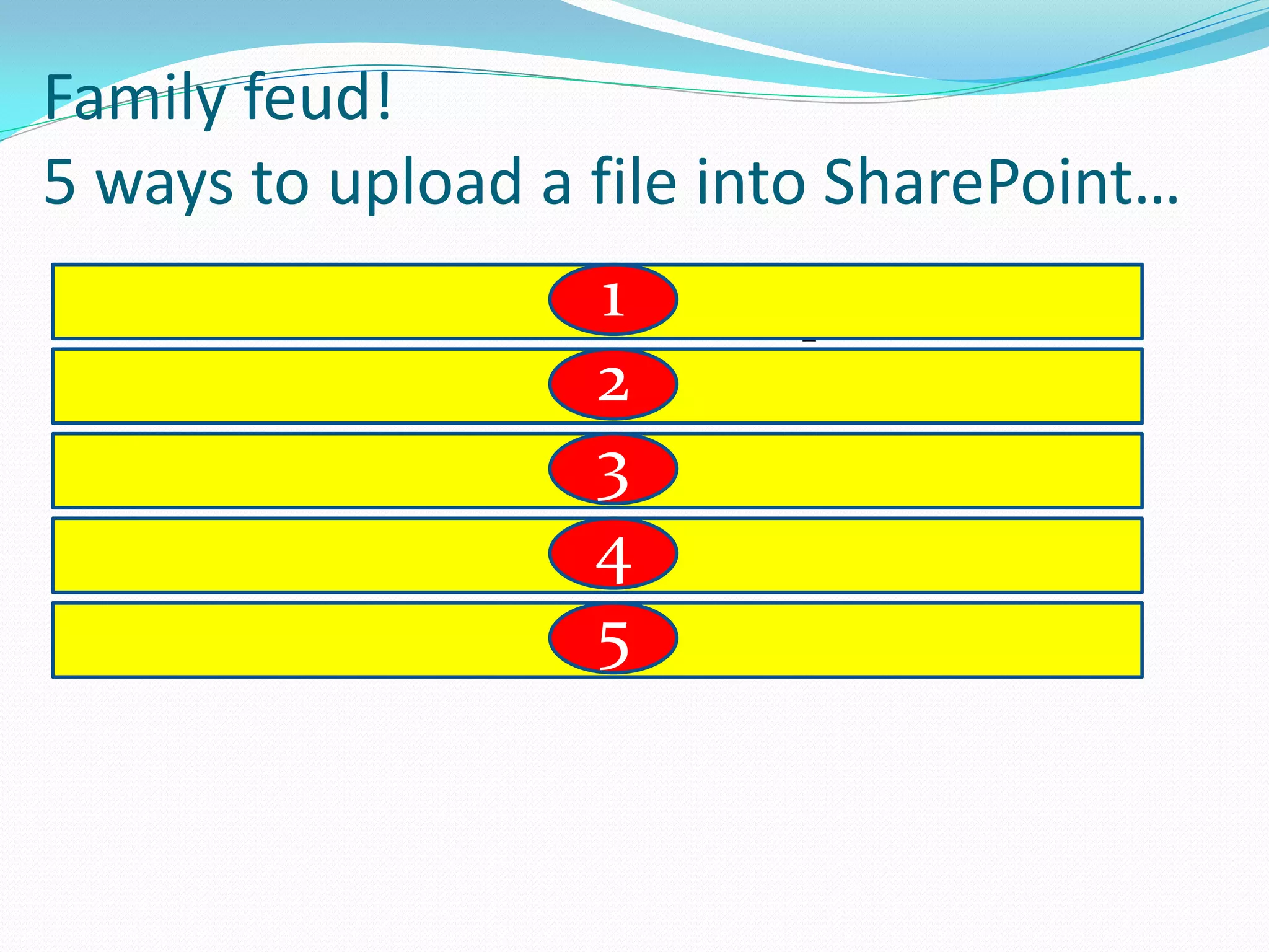 Family feud!
5 ways to upload a file into SharePoint…
                       1
 1. Write Client side Code to upload them.
                       2
 2. Write server-side code to upload them
                       3
 3. Upload the files via windows explorer
                       4
 4. Utilize web services
                       5
 5. Buy a 3rd party component
 