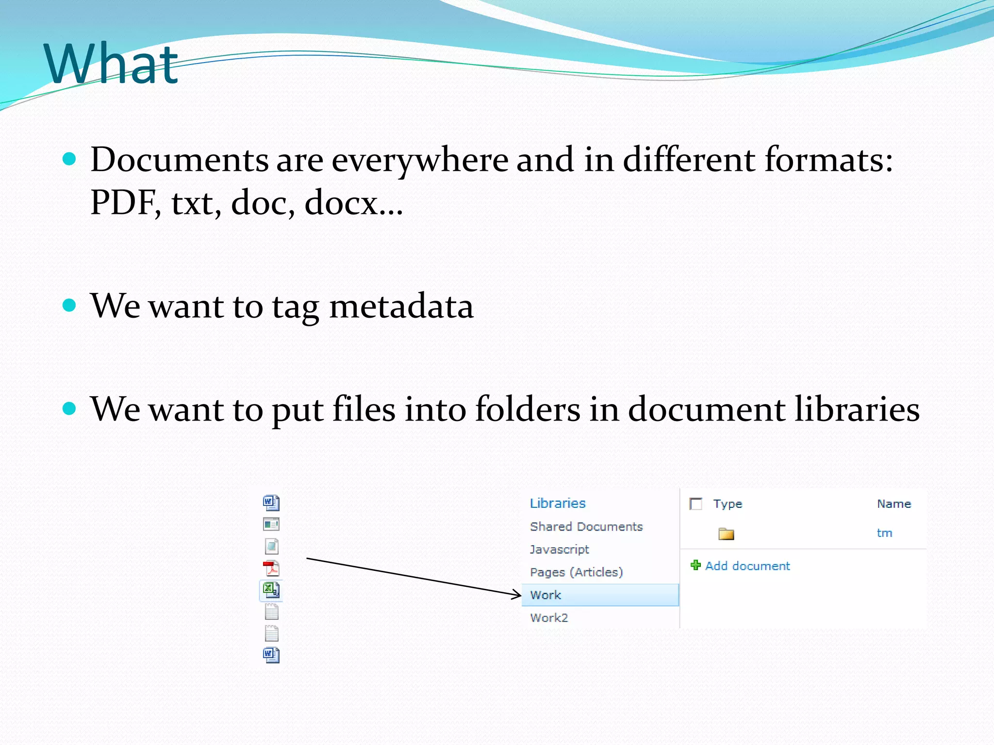What
 Documents are everywhere and in different formats:
 PDF, txt, doc, docx…

 We want to tag metadata


 We want to put files into folders in document libraries
 