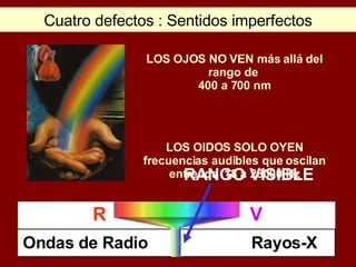 Cuatro defectos : Sentidos imperfectos LOS OJOS NO VEN más allá del rango de  400 a 700 nm LOS OIDOS SOLO OYEN frecuencias audibles que oscilan entre los  18 a 28000 Hz Ondas de Radio Rayos-X R V RANGO VISIBLE 