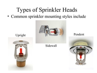 Types of Sprinkler Heads
• Common sprinkler mounting styles include
Upright
Sidewall
Pendent
 