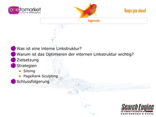 Agenda Was ist eine interne Linkstruktur? Warum ist das Optimieren der internen Linkstruktur wichtig? Zielsetzung Strategien Siloing PageRank Sculpting Schlussfolgerung 